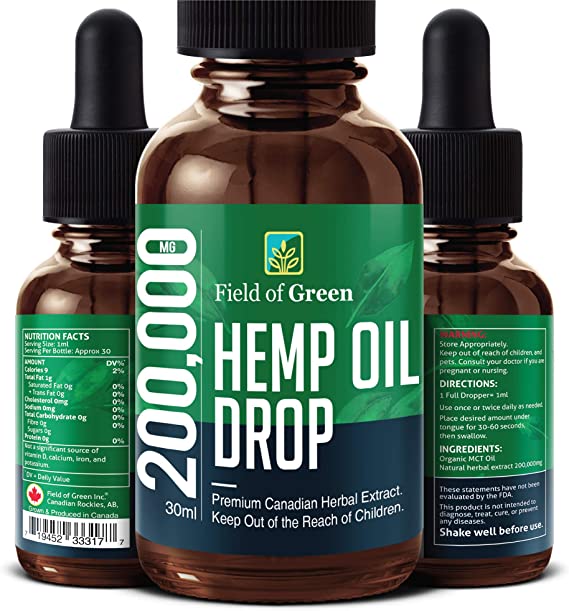 Field of Green Hempseed Oil - Grown & Made in Canada (200,000MG) Anti-Anxiety and Anti-Stress, Natural Dietary Supplement, Rich in Omega 3&6 Fatty Acids for Skin & Heart Health. Certified Organic and non-GMO.