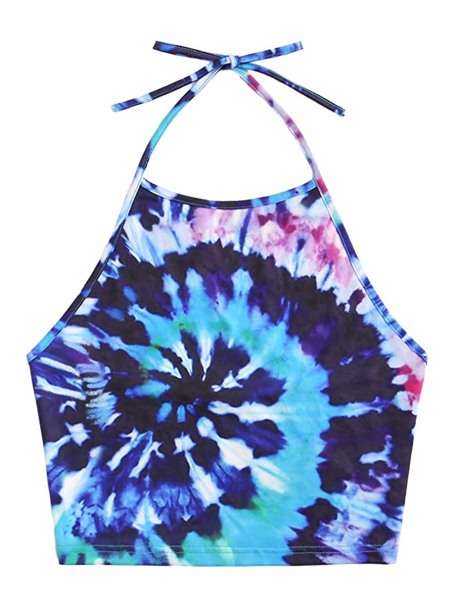 Romwe Women's Sexy Spiral Tie Dye Multicolor Print Backless Tie Halter Top