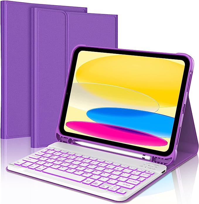 YEHOBU iPad 10th Generation 10.9" 2022 Case with Keyboard, iPad 10th Generation Keyboard, Detachable Backlit Keyboard, Smart Folio Cover with Pencil Holder for Latest 2022 iPad 10th Gen, Purple