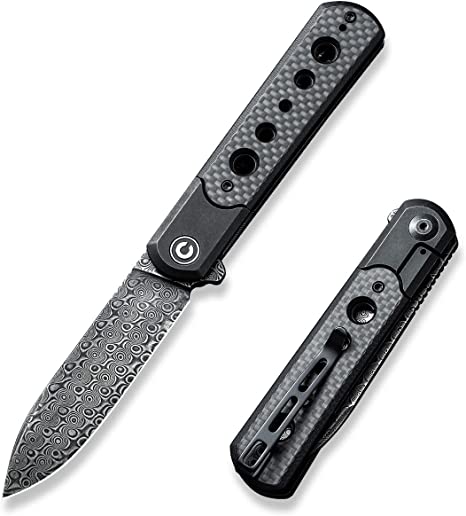 CIVIVI Banneret Folding Pocket Knife, 3.48 inch Damascus Blade Twill Carbon Fiber Inlay Handle Reversible Pocket Clip, EDC Knife for Utility Hiking Camping Fishing Work Outdoor C20040D-DS1