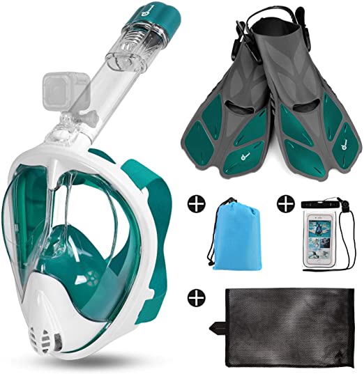 Odoland 5-in-1 Snorkeling Packages, Full Face Snorkel Mask with Adjustable Swim Fins and Lightweight Backpack and Waterproof Case -