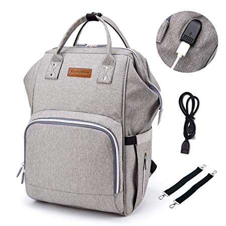 Baby Changing Bag with Stroller Straps and USB Charging Port,Nappy Changing Backpack with Wide Open（Grey）