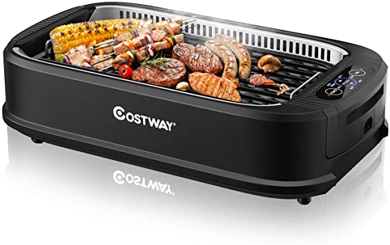 COSTWAY Indoor Smokeless Electric Grill, BBQ Grill 1500W with Dishwasher Nonstick Plate, Removable Oil Collection Tray, Smoker Extractor Fan, 248℉ to 446℉ Temperature Control Grill, FDA Certification