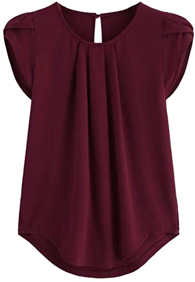FENZL Women Basic Tops, Summer Chiffon Solid Pure Basic Soft Short Sleeve Button T-Shirt Blouse Tops