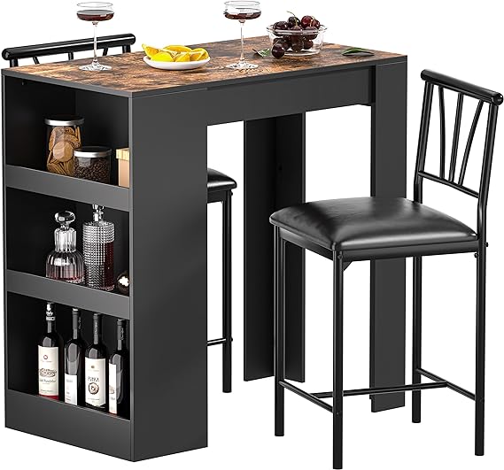 VECELO Small Bar Table and Chairs Tall Kitchen Breakfast Nook with Stools/Dining Set for 2, Storage Shelves, Space-Saving, Retro