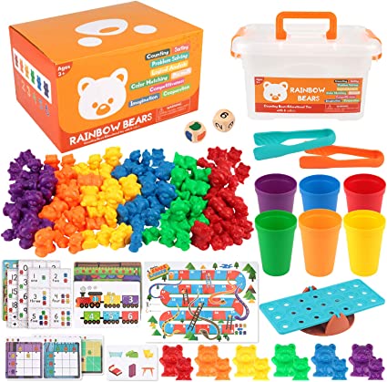 Dreampark 115Pcs Counting Bears Toys Set，Rainbow Counting Bears with Matching Sorting Cups, Number Color Recognition Educational Toys Bear Counters for Toddlers and Kids Baby Girls Boys