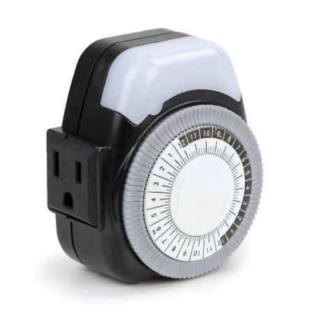 247Garden 24-Hour Mechanical Analog Grounded Timer, Single Outlet w/ 15 Minutes Interval and Night Light