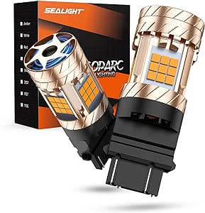 SEALIGHT 3157 3156 LED Bulb, 3157 Turn Signal Bulb Anti Hyper Flash With Turbo Fan, 2700K Amber Yellow Bulb Replace for Front/Rear Turn Signal Tail Blinker Lights, ONLY Standard Socket, Pack of 2