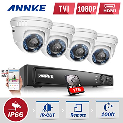 ANNKE 4-Channel HD-TVI 1080p Video Security System DVR with 1TB Hard Drive and (4) HD-TVI 1080p Dome Cameras with IP66 Weatherproof Housing and IR Night Vision