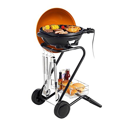 Excelvan Portable 1600W Electric Indoor Grill Indoor and Outdoor BBQ Barbecue Grill with 5 Temperature Settings, Smokeless, Non-stick, Easy to Clean(Orange)