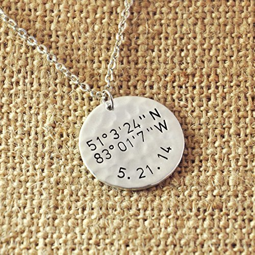 Personalized Latitude and Longitude Necklace with Date, Hand Stamped Coordinates Necklace, Hammered Round Necklace Custom Jewelry, Valentine Gift For Her