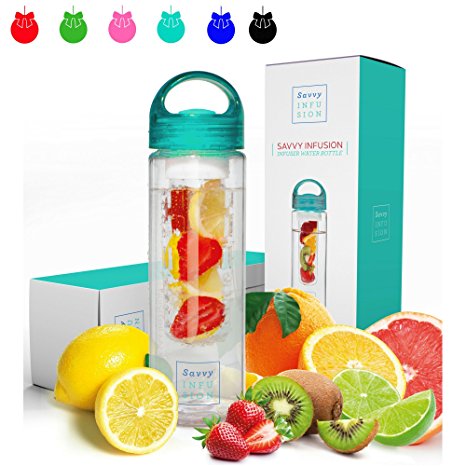 Savvy Infusion Water Bottles - 24 or 32 Ounce - Featuring Unique Leak-Proof Sealed Cap w/ Handle - Includes Bonus Recipe Ebook