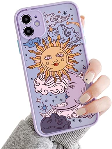 Ownest Compatible with iPhone 11 Case for Clear Frosted PC Back 3D Sun Moon Cartoons Girls Woman and Soft TPU Bumper Silicone Slim Case for iPhone 11-Purple