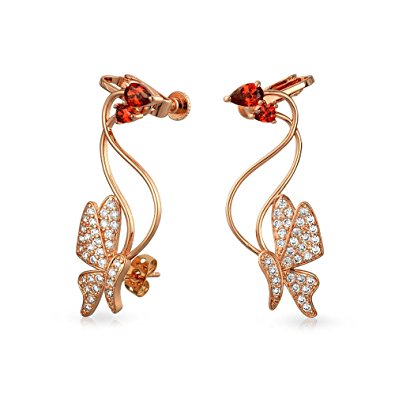 Bling Jewelry Red CZ Butterfly Ear Crawler Earrings Rose Gold Plated