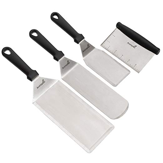Stainless Steel Metal Spatula Set - Griddle Scraper Flat Spatula Pancake Flipper Hamburger Turner - Metal Utensil Great for BBQ Grill Flat Top Cast Iron Griddle Accessories- Commercial Grade