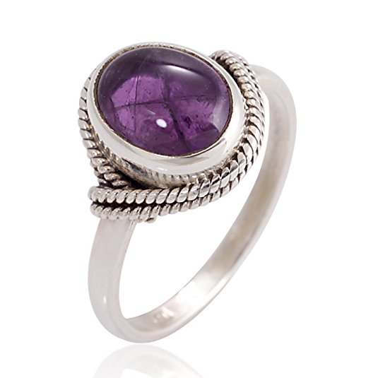 925 Sterling Silver Amethyst Gemstone Oval Rope Edge Vintage Band Ring Size 6, 7, 8