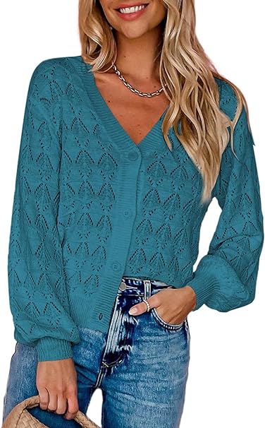 Dokotoo Cropped Cardigan Sweaters for Women Long Sleeve Crochet Knit Shrug Open Front V-Neck Button up Tops