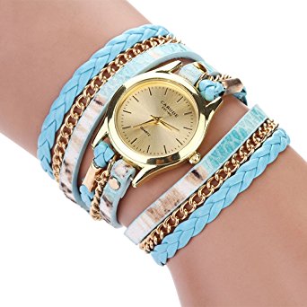 WensLTD Leopard Band Braided Winding Wrap Digital Simple Quartz Watch