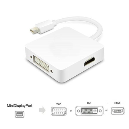 AllEasy 3-in-1 Mini DP Adapter, Mini Displayport(Thunderbolt)to VGA DVI-HDMI Adapters Cable for Mac Book, Imac, Mac Book Air, Mac Book Pro-White