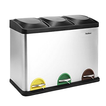 VonHaus Recycling Bin with Lids for Kitchens | 45 Litre Capacity | 3 Colour Coded Compartments