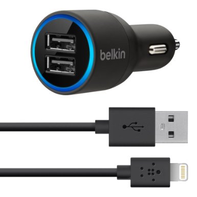 Belkin Apple MFi Certified 2-Port Car Charger with Lightning to USB Cable for iPhone 6S / 6S Plus, iPhone 6 / 6 Plus, iPhone SE, iPhone 5 / 5S / 5c, iPad Pro, iPad 4th Gen, iPad Air 2, iPad Air, iPad mini 4, iPad mini 3, iPad mini 2 and iPad mini (2.1 Amp / 10 Watt)