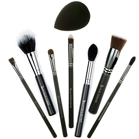 Basic Face 8pc Makeup Brush Set Includes Flat Top Kabuki, mini Tapered, Tapered Blending, All Over Shader, Flat Definer, Duo Fiber, Highlighter, Black Teardrop Makeup Sponge