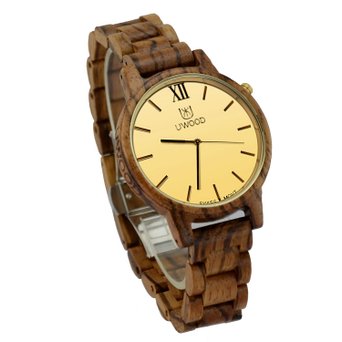 Ideashop Mens Wooden Watch Zebra Sandal Wood Watch Gold Swiss Movement Quartz Wooden Wristwatch