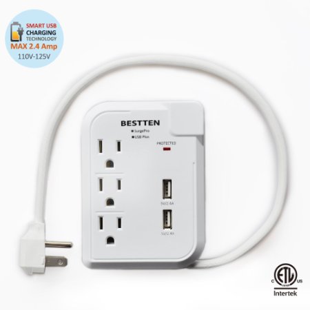 Bestten 3 Outlet Portable Travel Surge Protector with 2.4A Dual USB Charging Ports, 18in Cord, ETL Listed, White
