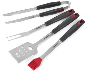 Grillaholics BBQ Grill Tools Set - 4-Piece - Lifetime Guarantee - Heavy Duty Stainless-Steel Utensils - Premium Grilling Accessories for Barbecue - Spatula, Tongs, Fork, and Basting Brush