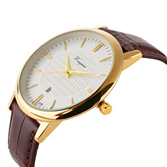 Men Watch Ultra Thin Watch Gold Watch calendar Sport Watches Mens Waterproof Leather Quartz Watch Gold