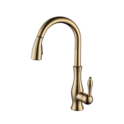 KES Brass Singel Lever High Arc Pull Down Kitchen Faucet with Retractable Pull Out Wand, Swivel Spout, Titanium Gold, L6915-4