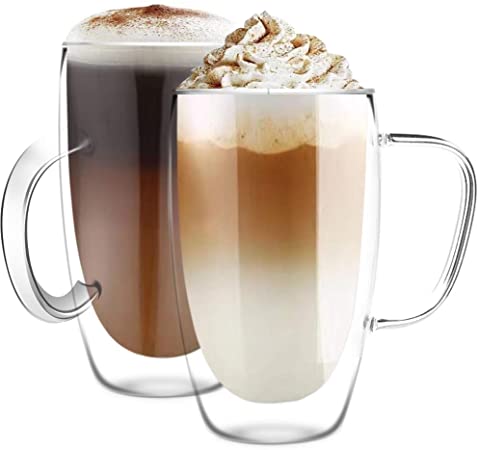 [6-Pack, 15 Oz]Design·Master-Premium Double Wall Insulated Glass with Handle, Coffee or Tea Glass Mugs, Thermo Insulated Glass, Perfect for Latte, Cappuccino, Americano, Tea and Beverage