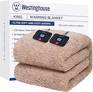 Westinghouse Electric Blanket King Size, Soft Plush Sherpa Heated Blanket with 10 Heating Levels & 1-12 Hours Auto-Off, Machine Washable, 100x90 inches, Camel