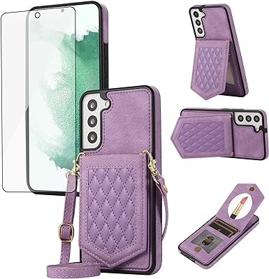 Phone Case for Samsung Galaxy S21 Plus S21  5G Wallet Cover with Tempered Glass Screen Protector and Mirror Credit Card Holder Crossbody Strap Cell S21 5G S21plus 21S   S 21 21  G5 Women Girls Purple