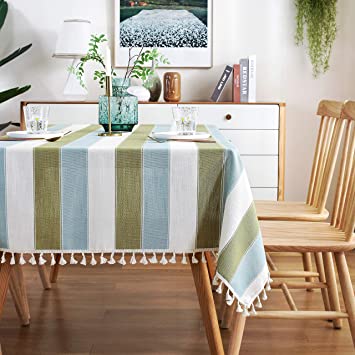 AmHoo Striped Tassel Square Tablecloth Cotton Linen Washable Table Covers for Kitchen Dining Room Party Table Decoration,54 x 54 inch,Green