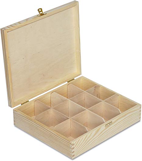Creative Deco Large Wooden Tea Box Storage | 12 Compartments | 29 x 25 x 7.5 cm | Plain Wood | Bag Caddy Chest Perfect for Decoupage & Decoration