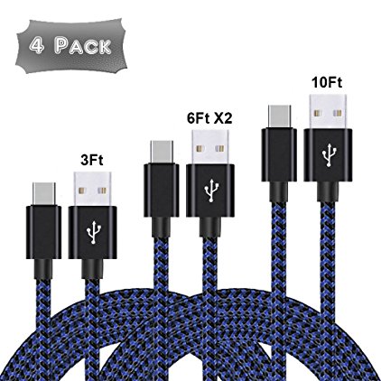 USB Type C Cable, Lushim 4Pack 3FT 6FT 10FT Nylon Braided USB A to USB C Charger Cable Fast Charging Cord for Samsung Galaxy Note 8 S8 Plus, LG G5 G6 V30, HTC 10, Google Pixel XL(Blue and Black)