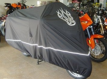 Premium High Quality Motorcycle Cover, Fits up to 108" length Large cruiser, Tourer, Chopper. includes Cable & Lock - Flame Logo