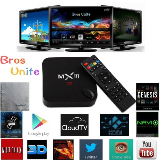 Bros Unite MX3 MXIII Quad Core Android 44 TV Box Full Loaded Free XBMC KODI 4K Smart Tv BOX 3D HTPC Blu-ray Stream Media Player with 24G5G Dual Band WiFi Bluetooth 40 2G8G