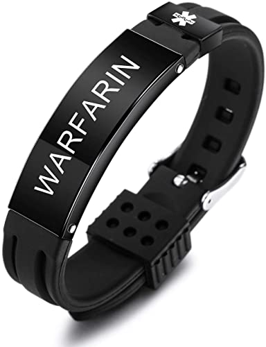 MOWOM Medical Bracelet Custom Engraved Silicone Adjustable Sport Name ID Identification Alert Medical Bracelet for Men Women Stainless Steel Rubber Black Belt - (Bundle with Emergency Card, Holder)