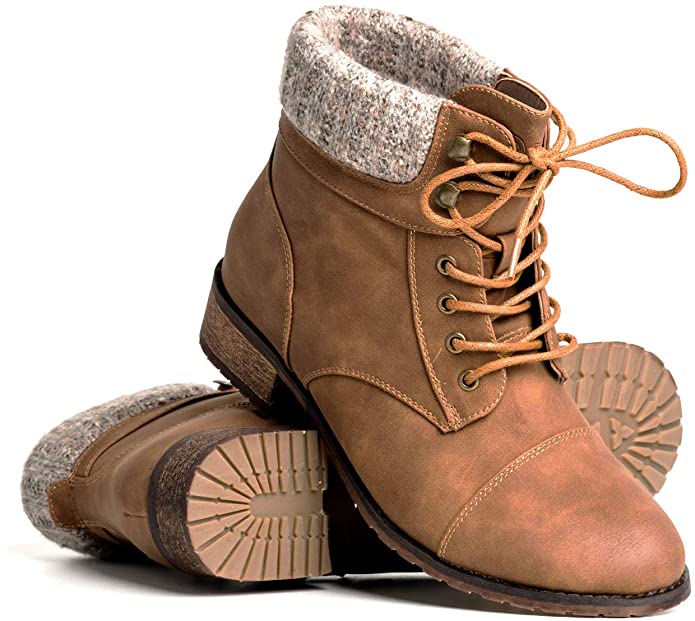 DLG Izzy Womens Vegan Leather Lace up Boot with Leather Stacked Heel & Lug Tread Rubber Sole
