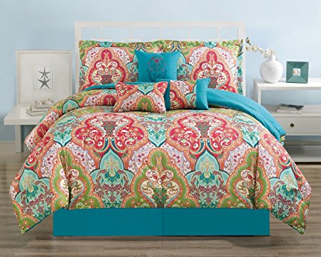 7 Piece Floral Red/Teal/Green Comforter Set Queen