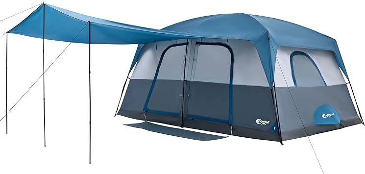 PORTAL 10 Person Camping Tent with Porch, Big Family Cabin Tent with 2 Rooms, 2 Doors, 2 Ground Vents, 6 Large Mesh Windows, Divided Curtain for Camping, Outdoor, Traveling, Waterproof