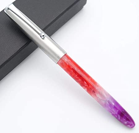 JINHAO 51A Celluloid Acrylic Fountain Pen Steel Cap Brand New (Fluorescent Red, Extra Fine Nib 0.38mm)