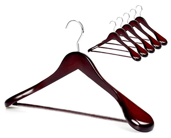 TOPIA HANGER Set of 6 Luxury Mahogany Wooden Coat Hangers, Premium Wood Suit Hangers, Glossy Finish with Extra-Wide Shoulder, Thicker Chrome Hooks & Anti-Slip Bar CT02M