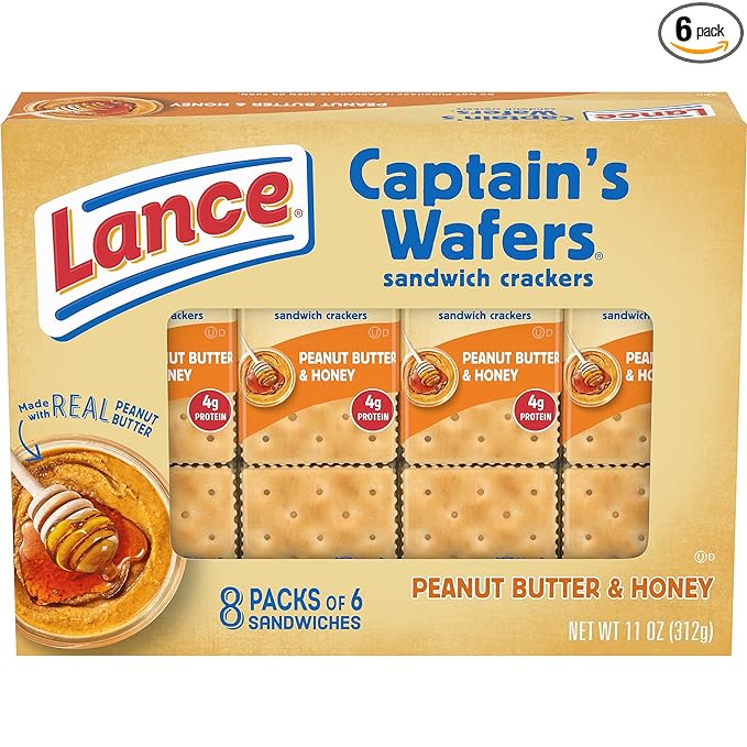 Lance Sandwich Crackers, Captain's Wafers Peanut Butter and Honey, 8 Packs, 6 Sandwiches Each