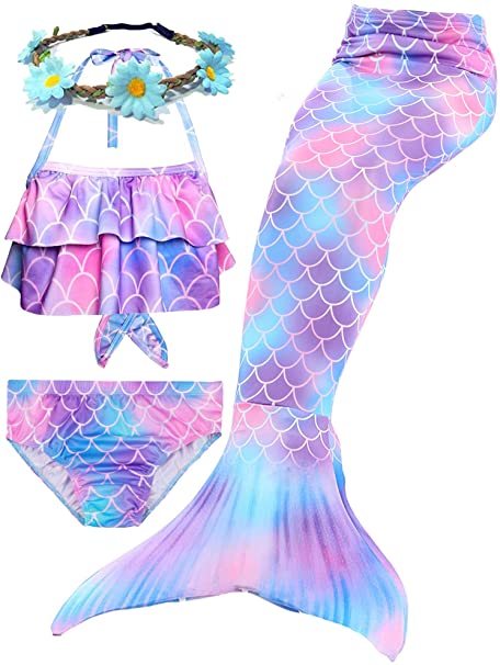 4 Pcs Girls Swimsuits Mermaid for Swimming Halter Ruffled Tankini Top with Bottom Mermaid Cosplay Theme Party Favor