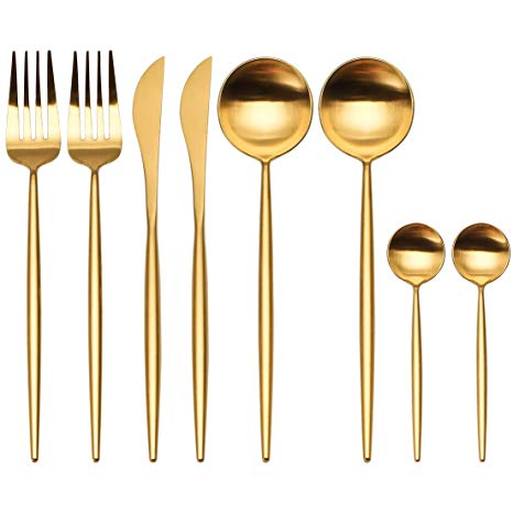 Flatware Set, Morgiana 8-Piece 18/10 Stainless Steel Flatware Sets Including Fork Spoons Knife Tableware Utensil Set Service for 2 (Golden)