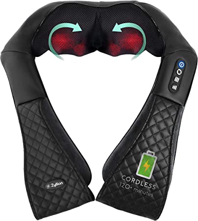 Zyllion Shiatsu Back and Neck Massager - Cordless Rechargeable 3D Kneading Deep Tissue Massage with Heat for Home, Office, Car, Athletes & Muscle Pain Relief - Black (ZMA-28RB-BK)