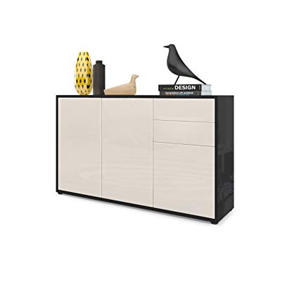 Vladon Cabinet Chest Drawers Ben V3, Carcass in Black High Gloss/Front in Cream High Gloss